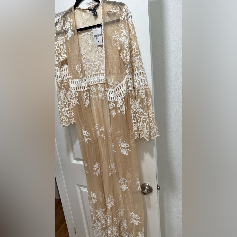 Forever 21 Tan Lace Cardigan with White Embroidery